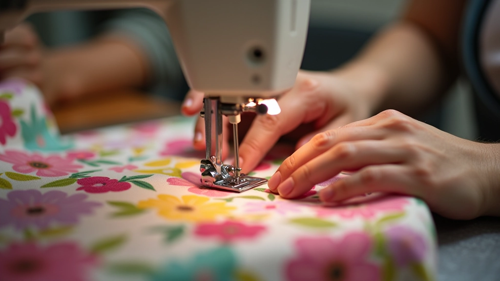 Hands working on sewing machine with colorful fabric, demonstrating basic stitching technique for beginners