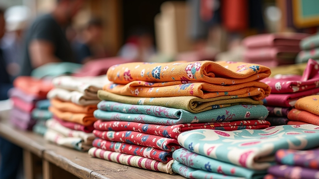 Colorful folded fabrics with vintage patterns displayed on wooden table at outdoor market stall