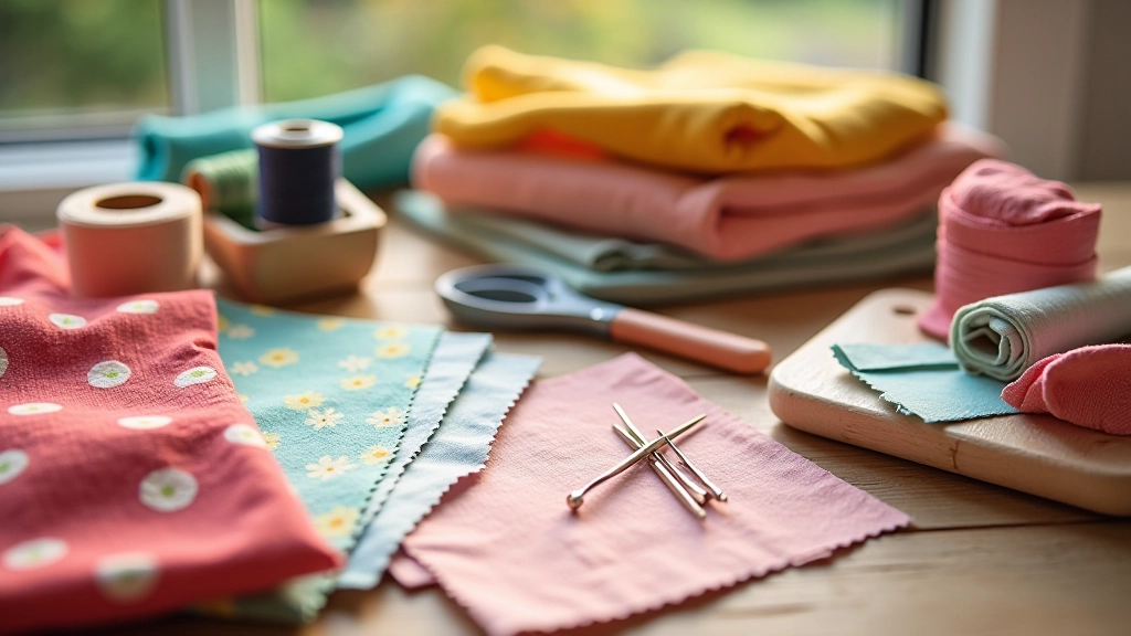Colourful fabric swatches and sewing supplies arranged on a wooden table