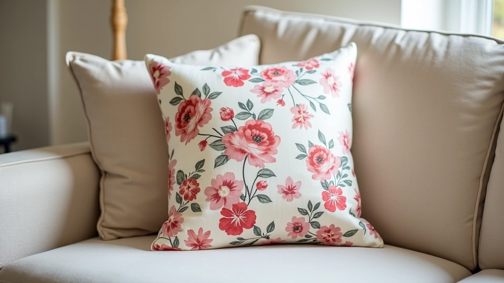 Completed Liberty fabric cushion with perfectly matched floral pattern displayed on neutral sofa