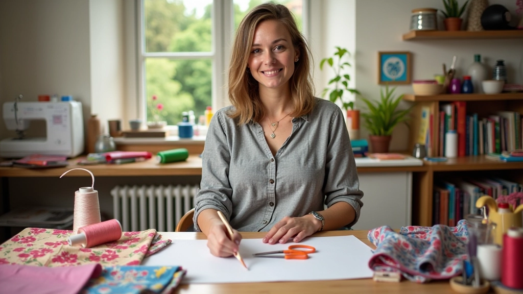 Sewing craft workspace with colourful fabrics and materials