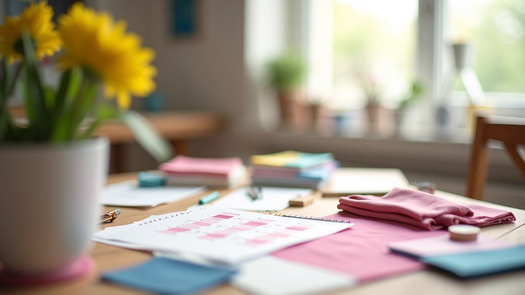 Creative workspace with colorful fabric samples, measuring tape, and sewing supplies arranged artfully on wooden surface