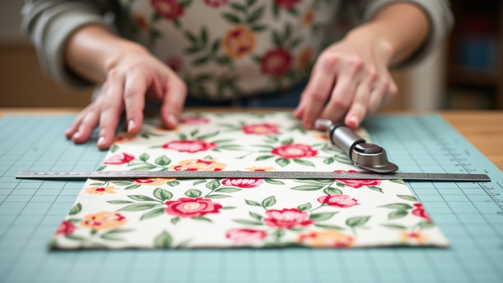 Liberty fabric being measured and cut on a quilting mat with rotary cutter and ruler