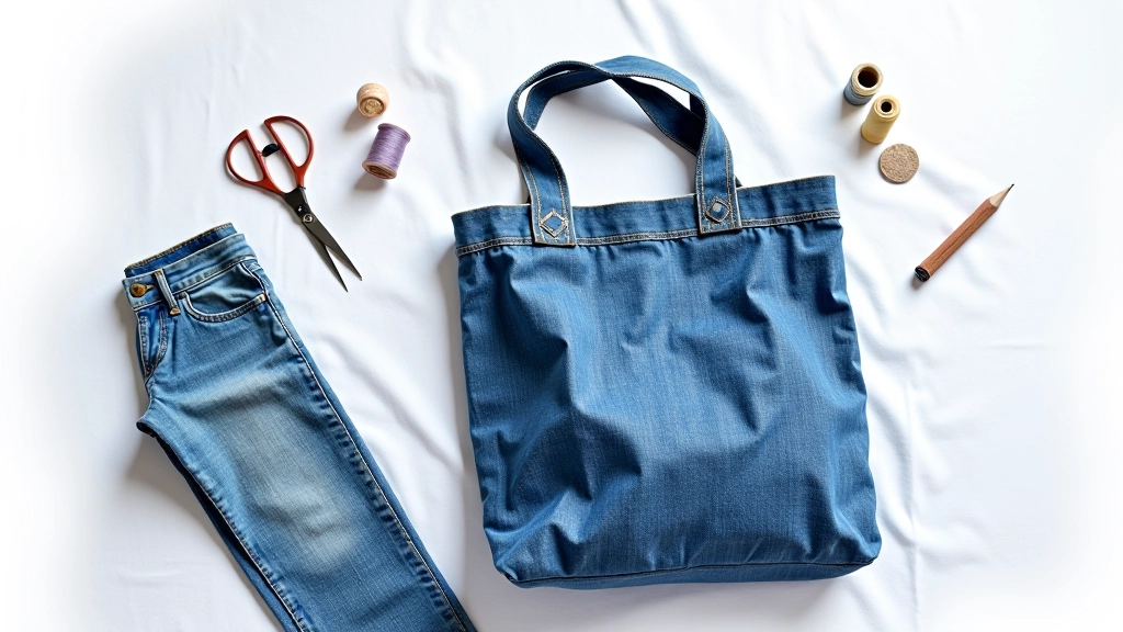 Upcycled denim tote bag displayed with original jeans fabric pieces