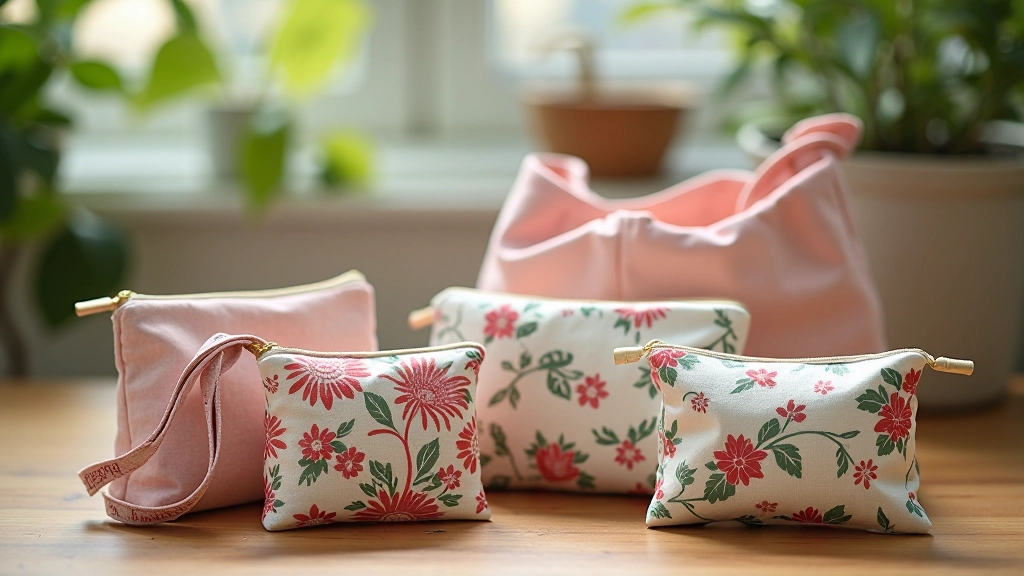 Handmade fabric pouches and small bags arranged in a collection showing various upcycled materials