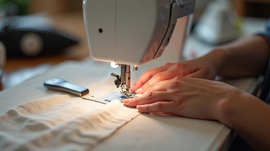 Hands working at sewing machine stitching upcycled fabric with visible seam ripper and pressing tools nearby