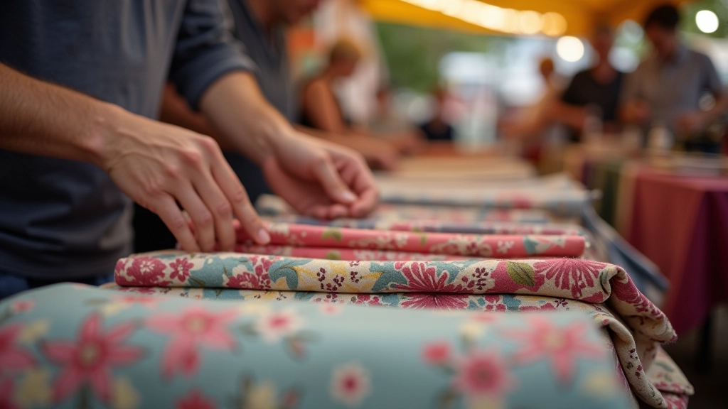 Hands examining folded fabric textures at outdoor market stall with morning sunlight