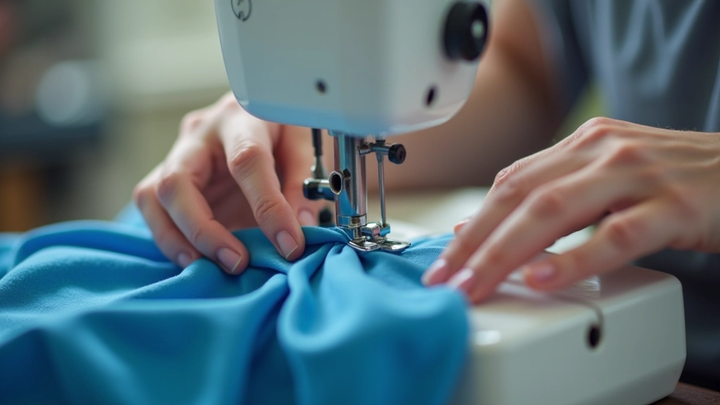 Hands sewing on a machine with blue fabric and needle detail visible