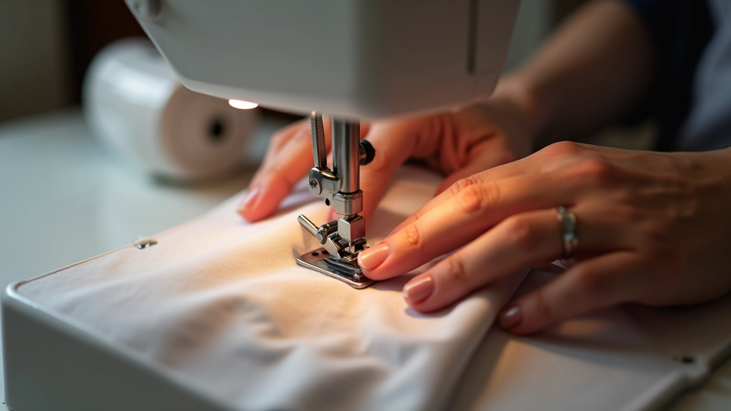 Hands guiding fabric under sewing machine needle with visible seam allowance marking on metal throat plate
