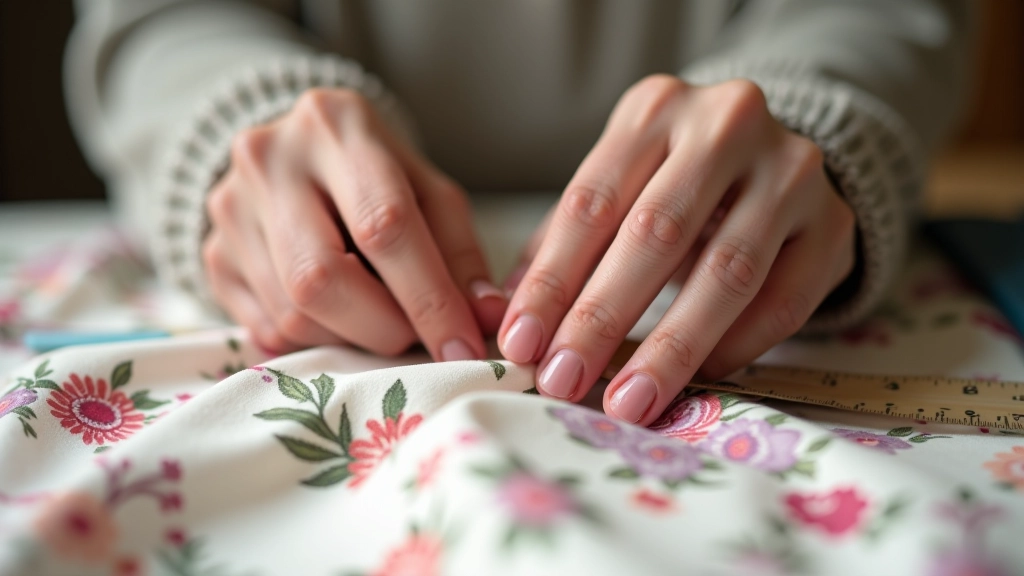 Hands holding Liberty floral fabric showing detailed pattern repeat with ruler for measurement