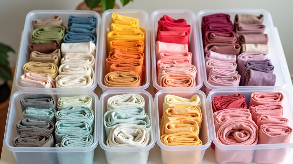 Organized fabric collection sorted by color and type in clear storage containers