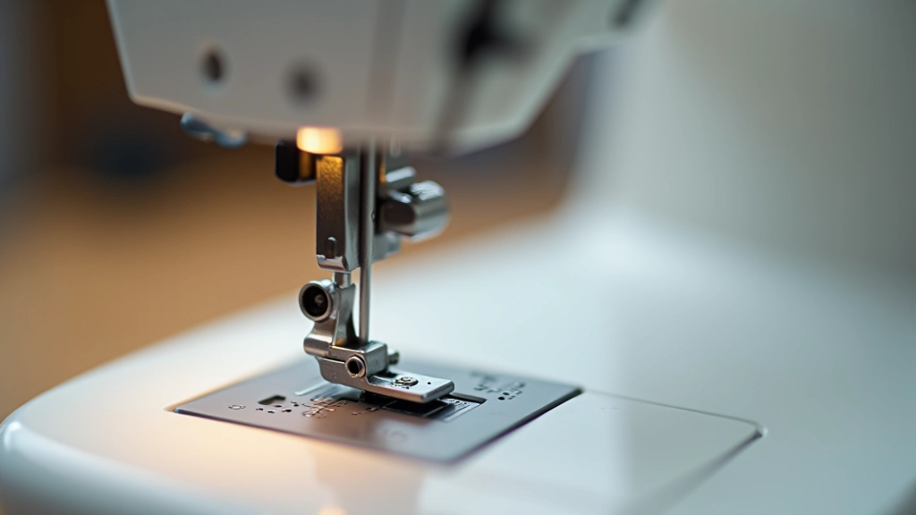 Close-up of sewing machine control panel showing presser foot lever, tension dial, and stitch selection wheel