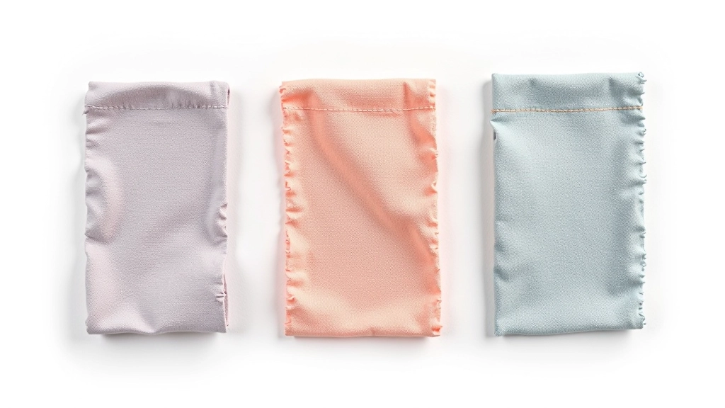Three fabric samples showing loose stitches, balanced stitches, and tight stitches for tension comparison