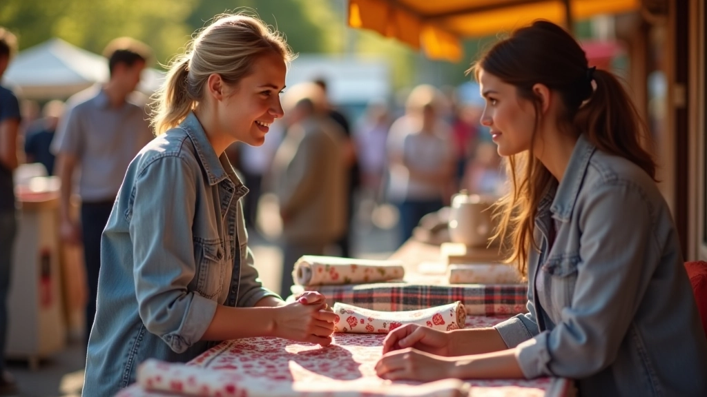 Fabric seller and customer discussing price at outdoor market stall with cash exchange