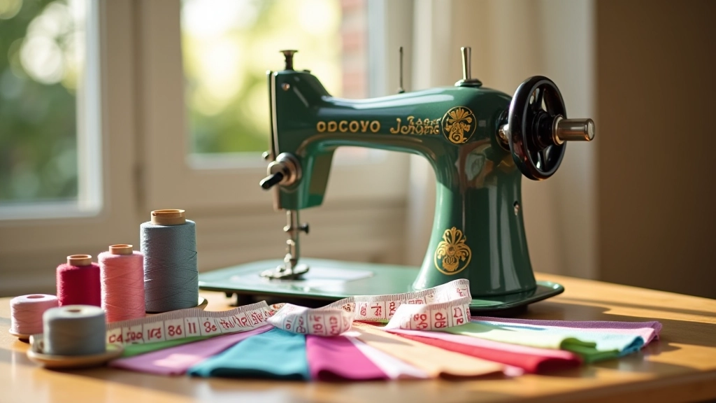 Vintage sewing machine with fabric samples and measuring tape on wooden table