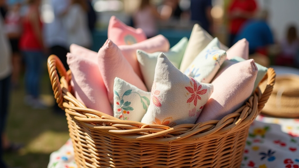 Wicker basket filled with folded fabrics and textile finds from car boot sales